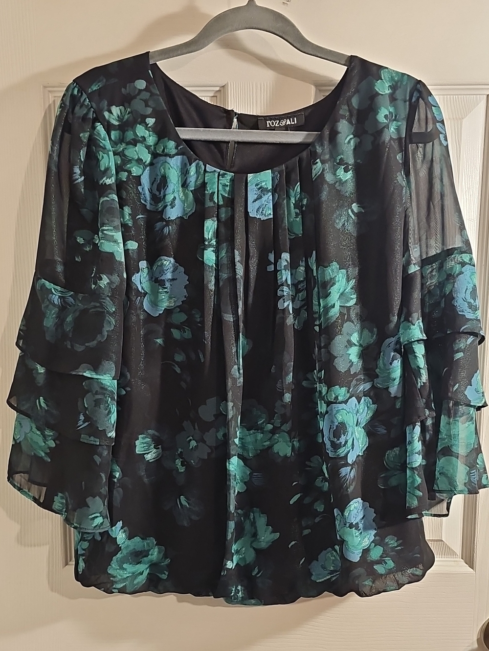 Roz & Ali Black Floral Ruffle Sleeve Blouse with Teal and Blue Flowers